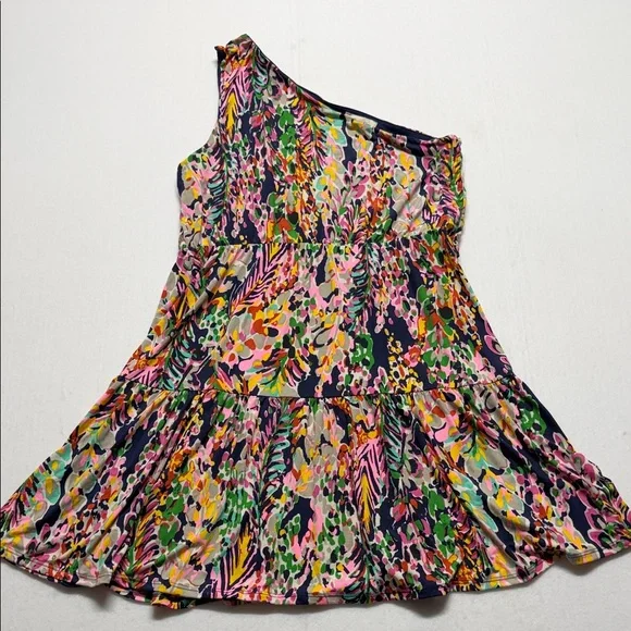 Beeson River One-Shoulder Floral Print Dress in Pink, Green, Yellow, Navy XL - Picture 1 of 6